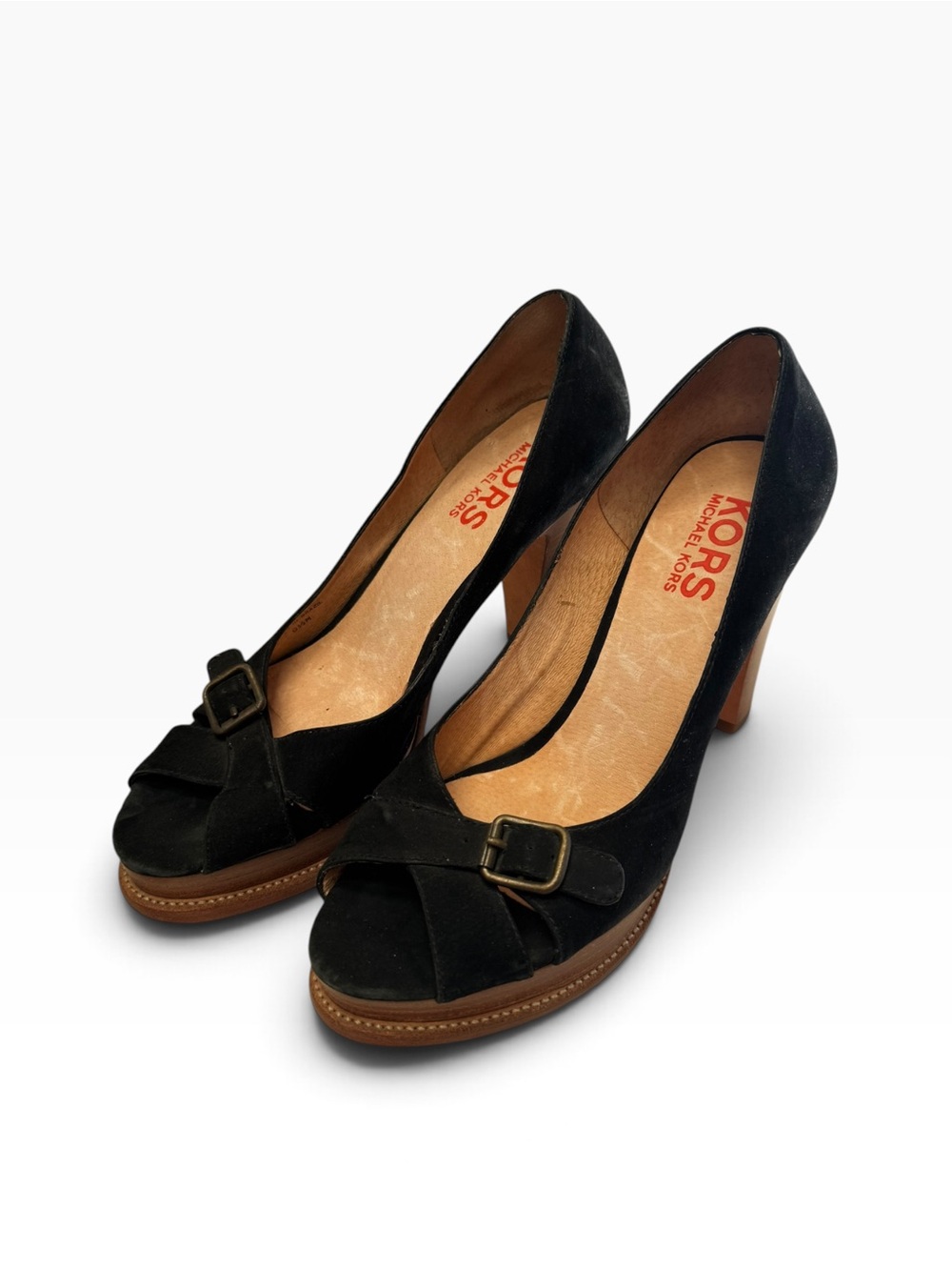 Michael Kors Black Suede Peep-Toe Heels with Brown Platform